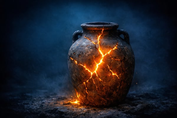 Golden Amber Light Through Cracked Clay Jar in Deep Ocean Background